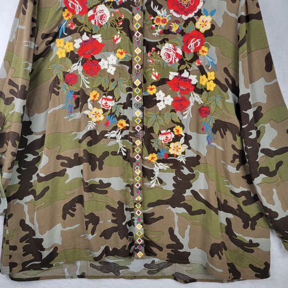 2X Boho Chic Button Top Roll Tab Sleeve Camo Colorful Embroidery Floral Andree - Picture 2 of 13